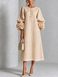 Vestido Midi Beige con botones delanteros, puños y floral - Beige