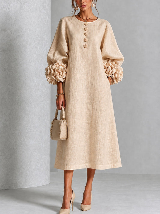 Vestido Midi Beige con botones delanteros, puños y floral - Beige
