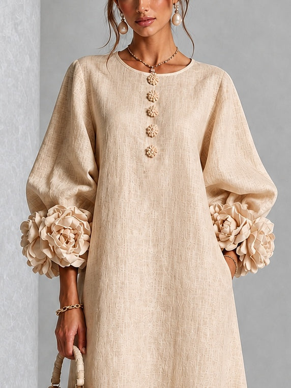 Vestido Midi Beige con botones delanteros, puños y floral - Beige