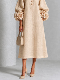 Vestido Midi Beige con botones delanteros, puños y floral - Beige