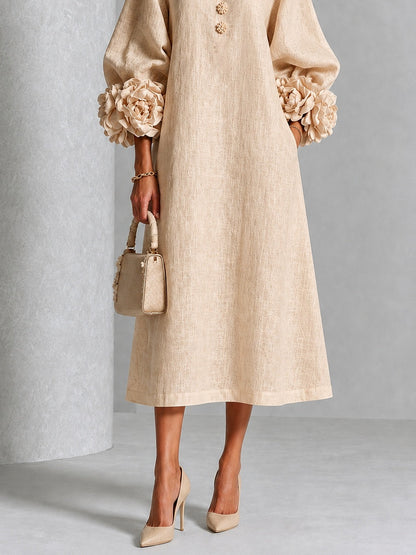 Vestido Midi Beige con botones delanteros, puños y floral - Beige