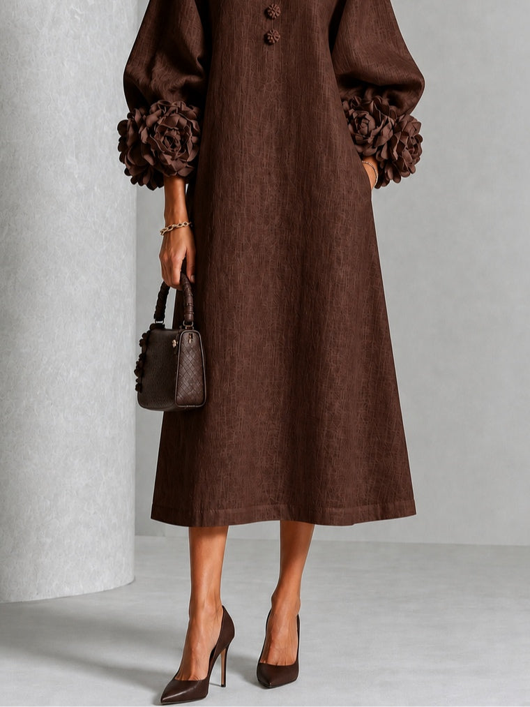 Vestido Midi Marrón con botones delanteros, puños y floral - Marrón