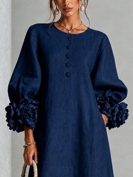 Vestido Midi Azul Marino con botones delanteros, puños y floral - Azul Marino