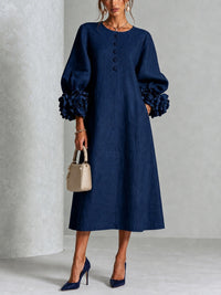 Vestido Midi Azul Marino con botones delanteros, puños y floral - Azul Marino