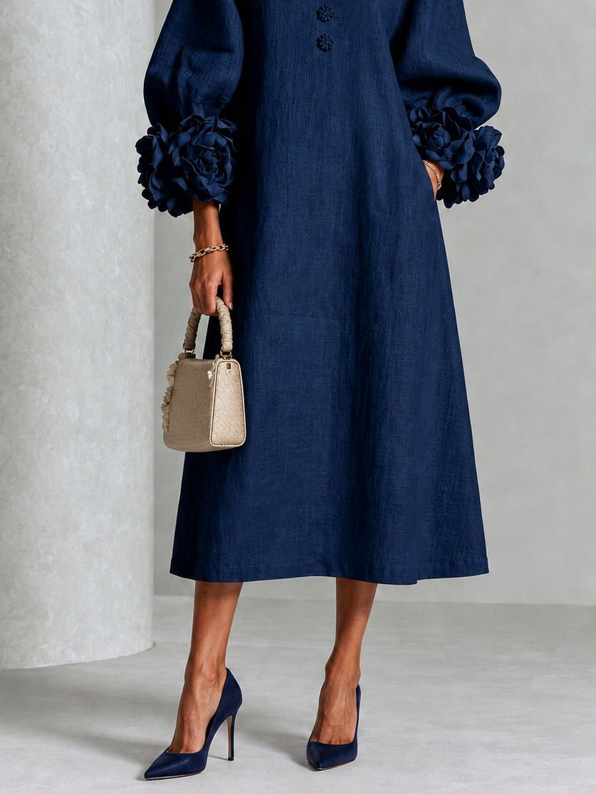 Vestido Midi Azul Marino con botones delanteros, puños y floral - Azul Marino