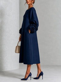 Vestido Midi Azul Marino con botones delanteros, puños y floral - Azul Marino