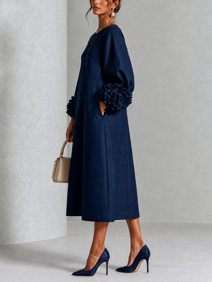 Vestido Midi Azul Marino con botones delanteros, puños y floral - Azul Marino