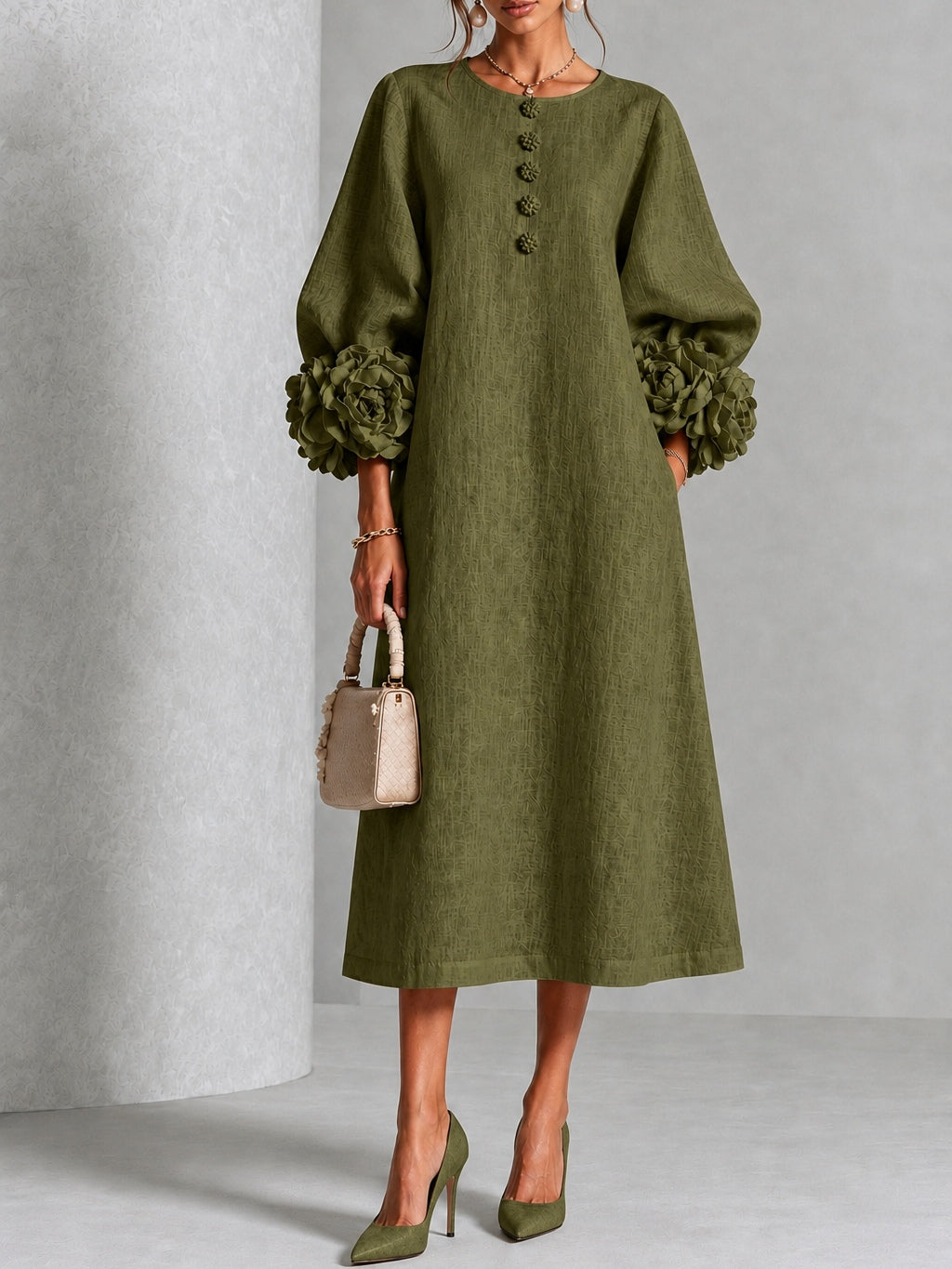Vestido Midi Oliva con botones delanteros, puños y floral - Oliva