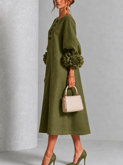 Vestido Midi Oliva con botones delanteros, puños y floral - Oliva