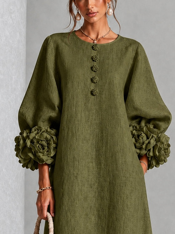 Vestido Midi Oliva con botones delanteros, puños y floral - Oliva