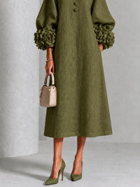 Vestido Midi Oliva con botones delanteros, puños y floral - Oliva