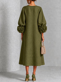 Vestido Midi Oliva con botones delanteros, puños y floral - Oliva