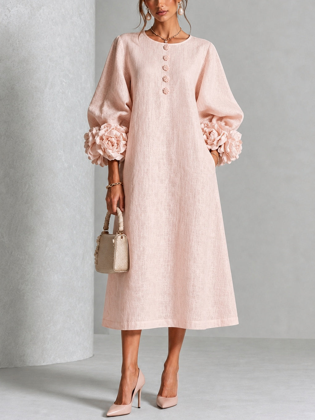 Vestido Midi Rosa con botones delanteros, puños y floral - Rosa