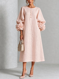 Vestido Midi Rosa con botones delanteros, puños y floral - Rosa