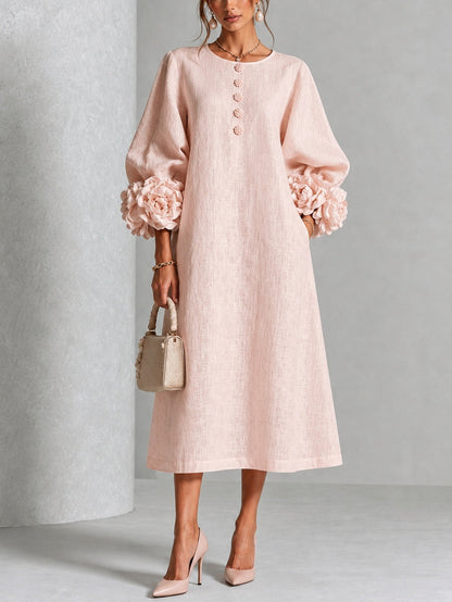 Vestido Midi Rosa con botones delanteros, puños y floral - Rosa