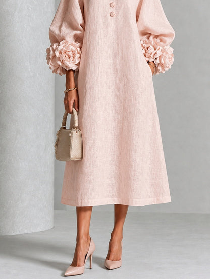 Vestido Midi Rosa con botones delanteros, puños y floral - Rosa