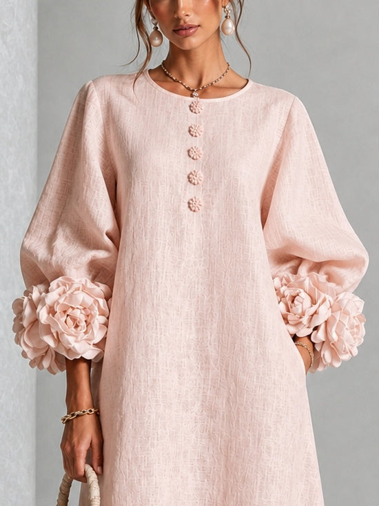 Vestido Midi Rosa con botones delanteros, puños y floral - Rosa