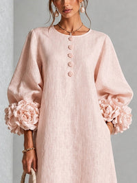 Vestido Midi Rosa con botones delanteros, puños y floral - Rosa