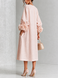 Vestido Midi Rosa con botones delanteros, puños y floral - Rosa