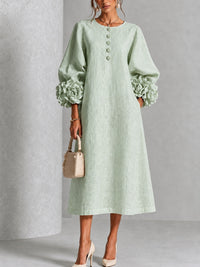 Vestido Midi Verde Salvia con botones delanteros, puños y floral - Verde Salvia