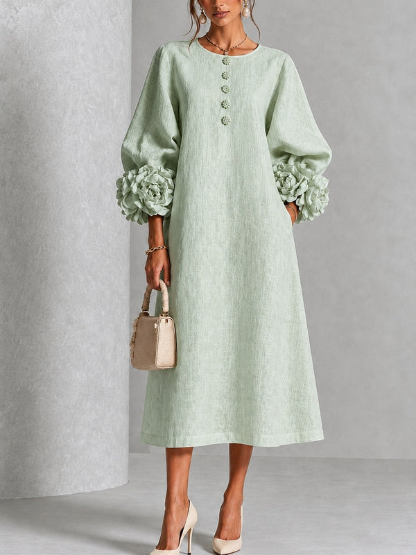 Vestido Midi Verde Salvia con botones delanteros, puños y floral - Verde Salvia