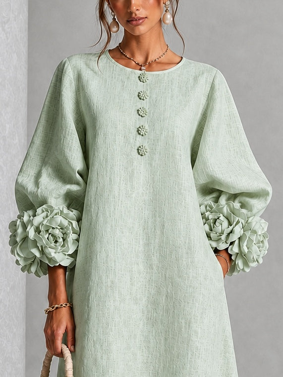 Vestido Midi Verde Salvia con botones delanteros, puños y floral - Verde Salvia
