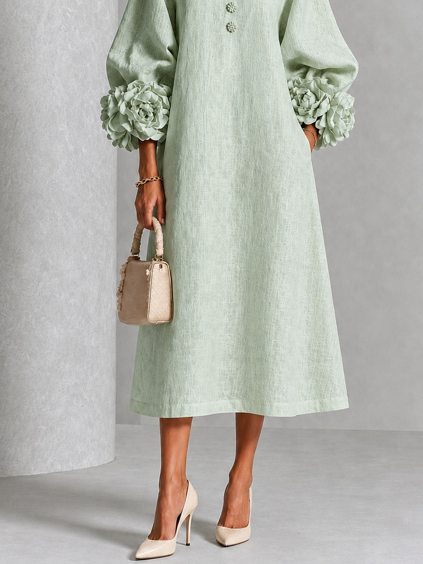 Vestido Midi Verde Salvia con botones delanteros, puños y floral - Verde Salvia