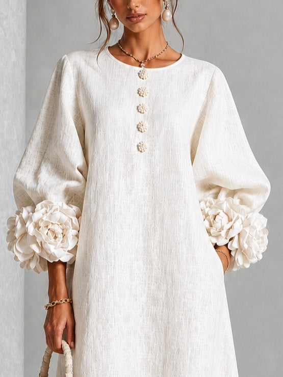 Vestido Midi Blanco con botones delanteros, puños y floral - Blanco