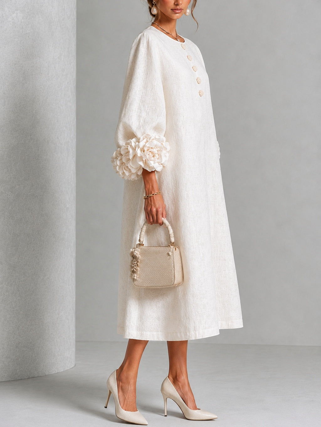 Vestido Midi Blanco con botones delanteros, puños y floral - Blanco