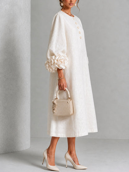 Vestido Midi Blanco con botones delanteros, puños y floral - Blanco