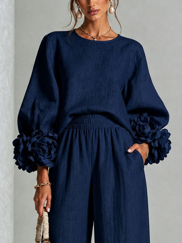 Conjunto Azul Marino con puños, pierna ancha y floral - Azul Marino
