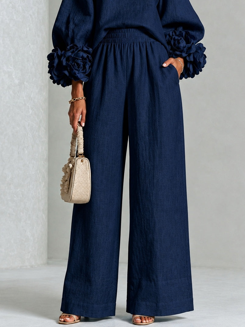 Conjunto Azul Marino con puños, pierna ancha y floral - Azul Marino
