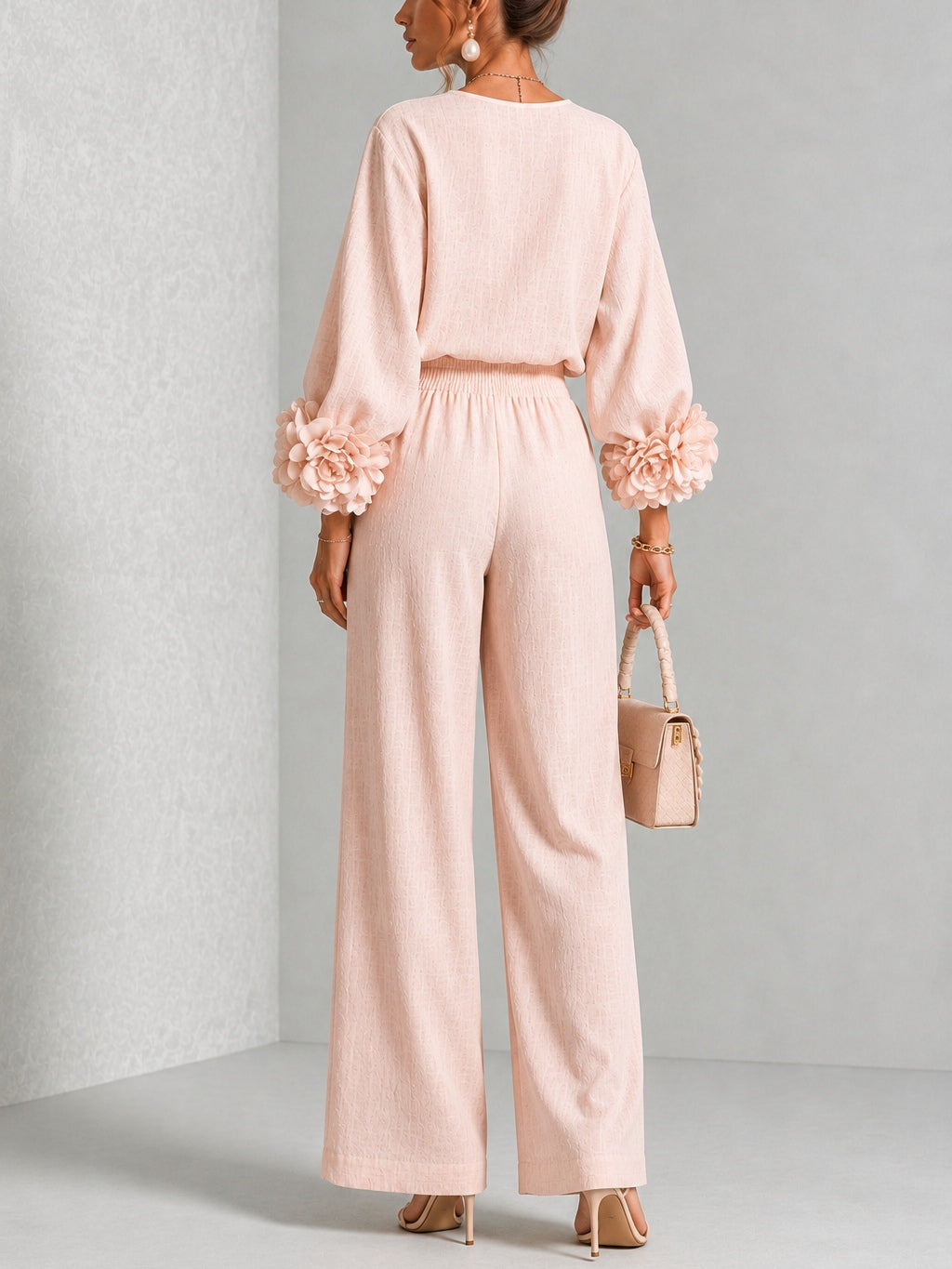 Conjunto Rosa con puños, pierna ancha y floral - Rosa