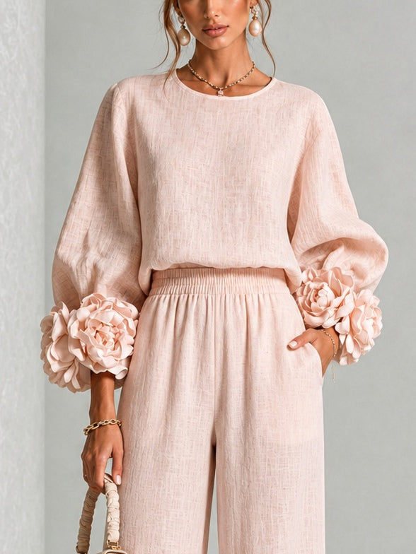 Conjunto Rosa con puños, pierna ancha y floral - Rosa