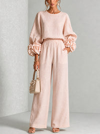 Conjunto Rosa con puños, pierna ancha y floral - Rosa
