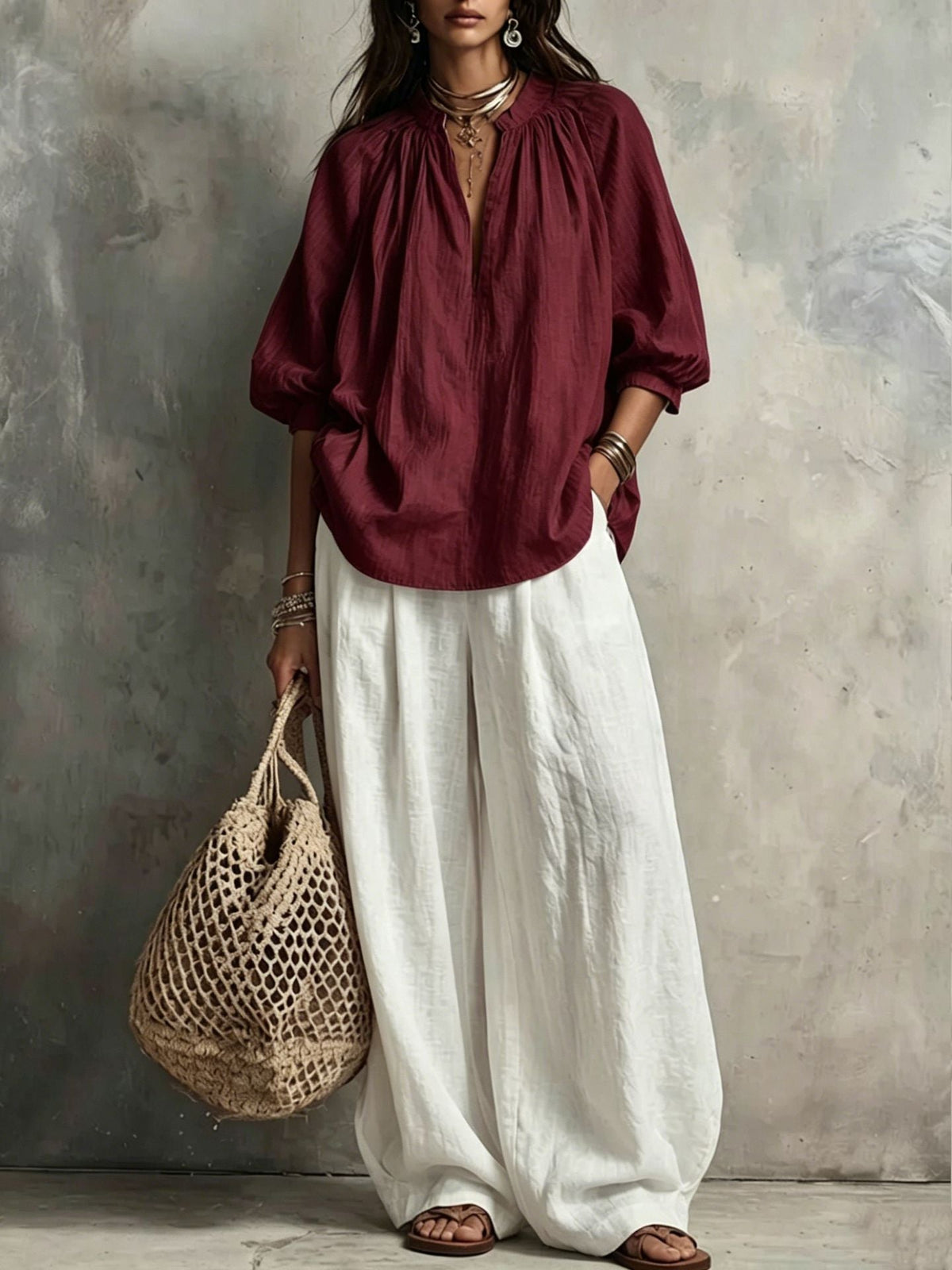 Conjunto de Pantalón Vintage con manga abullonada, pierna ancha y liso - Blanco