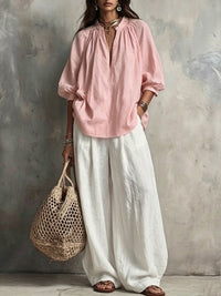 Conjunto de Pantalón Vintage con manga abullonada, pierna ancha y liso - Blanco