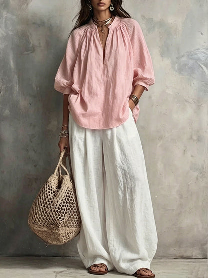 Conjunto de Pantalón Vintage con manga abullonada, pierna ancha y liso - Blanco