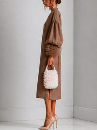 Vestido Midi Marrón con cordón de ajuste, manga farol, plisado y volante - Marrón