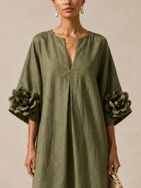 Vestido Midi Verde con escote en V, puños y floral - Verde