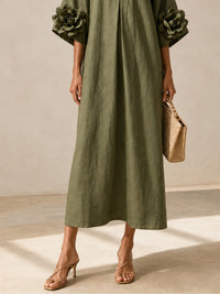 Vestido Midi Verde con escote en V, puños y floral - Verde
