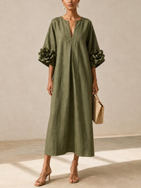 Vestido Midi Verde con escote en V, puños y floral - Verde