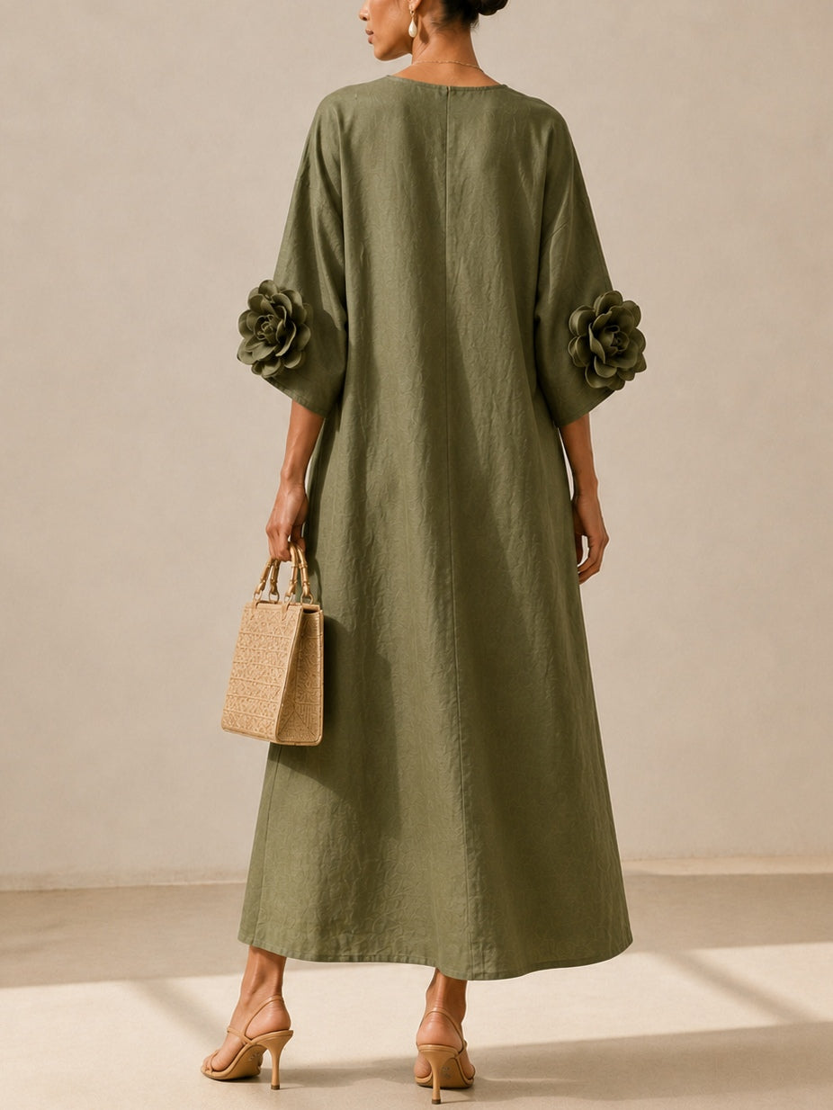 Vestido Midi Verde con escote en V, puños y floral - Verde