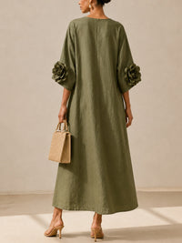Vestido Midi Verde con escote en V, puños y floral - Verde