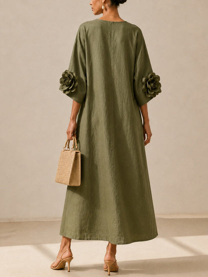 Vestido Midi Verde con escote en V, puños y floral - Verde