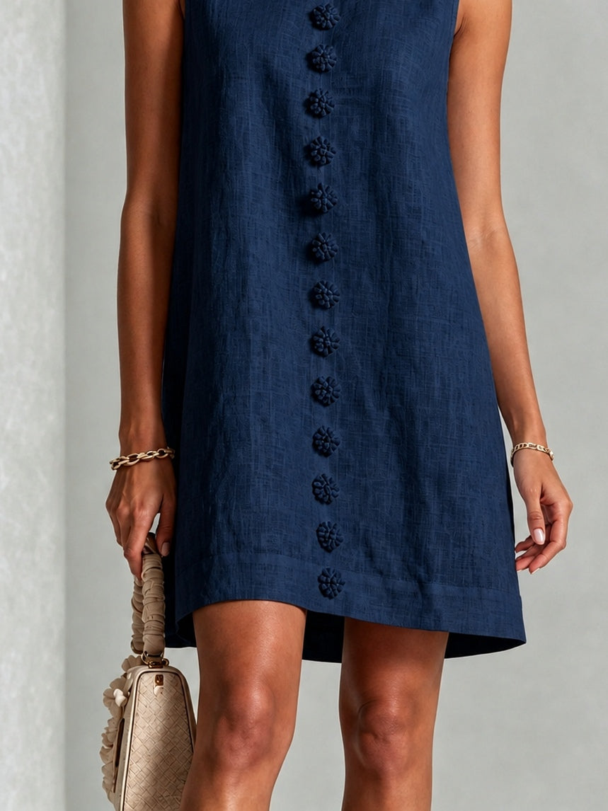 Minivestido Azul Marino Sin Mangas con botones delanteros y floral - Azul Marino
