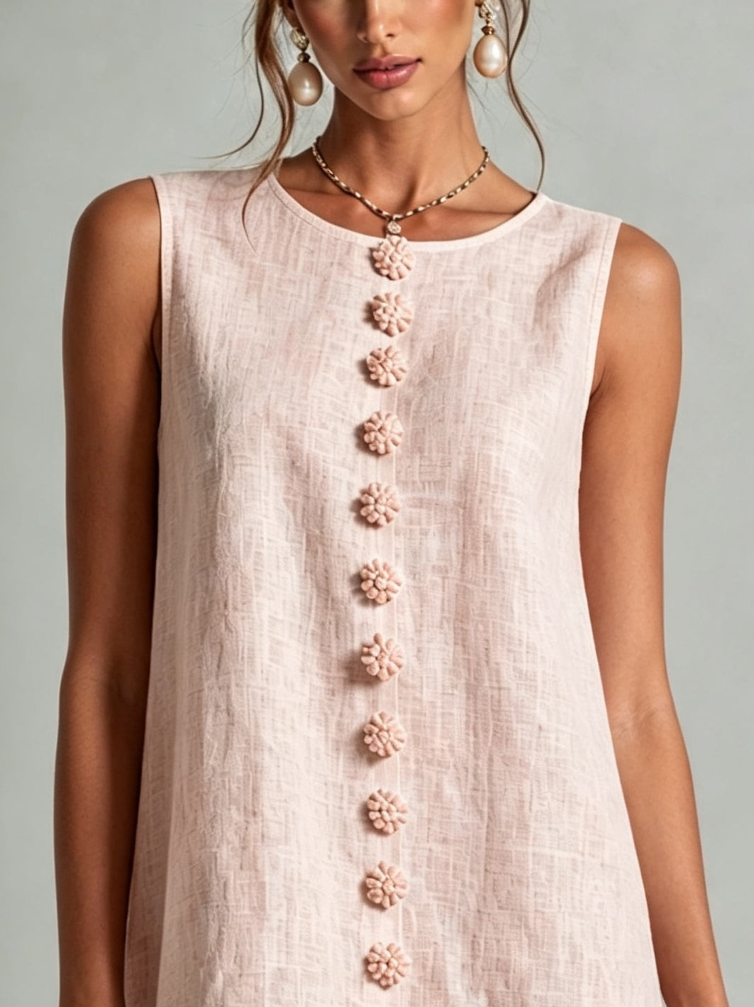 Minivestido Rosa Sin Mangas con botones delanteros y floral - Rosa
