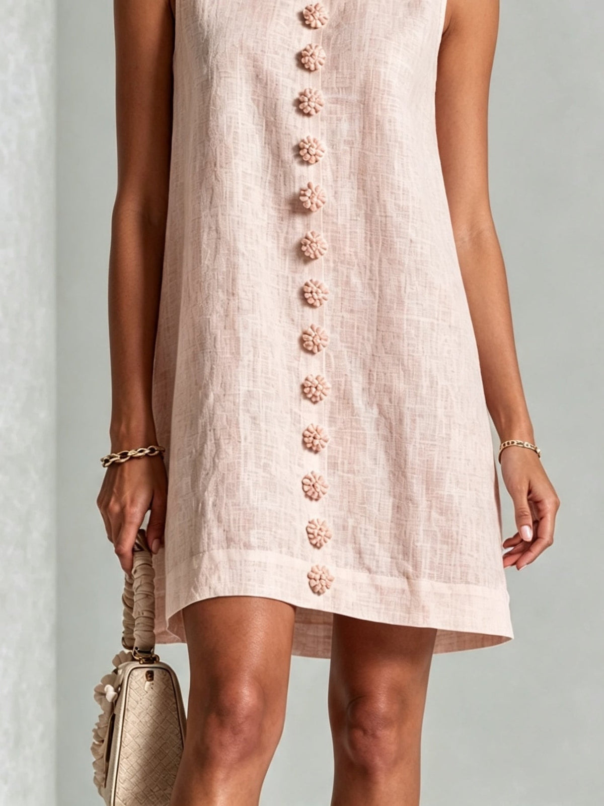 Minivestido Rosa Sin Mangas con botones delanteros y floral - Rosa