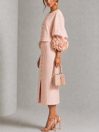 Conjunto de Falda Rosa con botones delanteros, puños y floral - Rosa