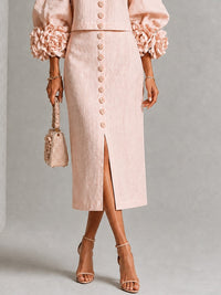 Conjunto de Falda Rosa con botones delanteros, puños y floral - Rosa